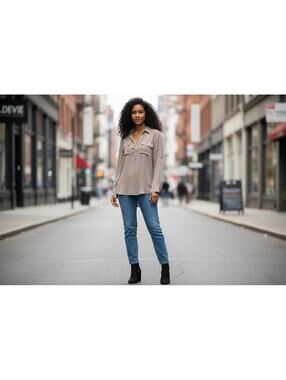 New York & Company Women's Beige Long Sleeve Button-Up Blouse